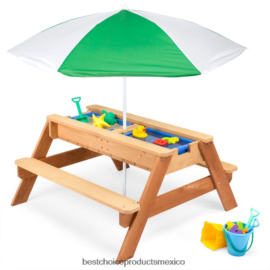 juguete y juego | Mesa de picnic de madera para exteriores con mesa de arena y agua para niños 3 en 1 con sombrilla Best Choice Products verde X080FZ1004 juguete y juego | Mesa de picnic de madera para exteriores con mesa de arena y agua para niños 3 en 1 con sombrilla Best Choice Products verde X080FZ1004